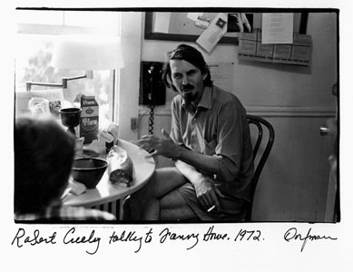 photo of Robert Creeley talking to Fanny Howe by Elsa Dorfman